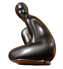 Lalique "Venus" crystal figure, nude girl kneeling in black glass, marked glass "Lalique France"
