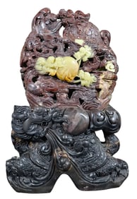 Large Jade and Soapstone Cloud Dragon Sculpture with Multiple Flaming Pearls atop a Chinese Dragon