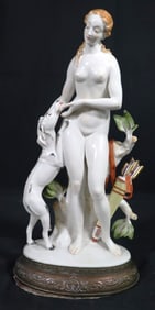 Hugo Meisel: An art-deco-figure 'Diana' naked woman with dog