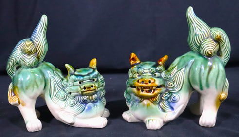 Pair of Chinese Crouching Green Ceramic Foo Dogs