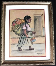 Framed Mixed Media on paper signed Diego Riviera lower right and dated 49