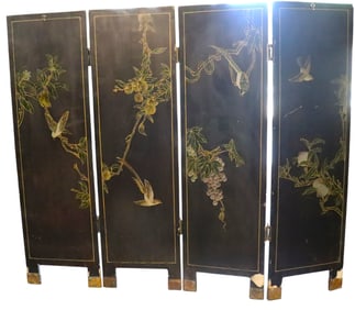 Traditional Chinese Vintage 4 Panel black Lacquer Screen