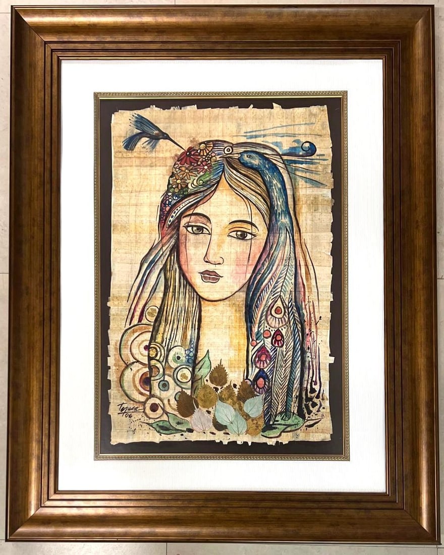 Framed Mixed Media on Papyrus signed ARMANDO TEJUCA (Cuban): Framed Mixed Media on Papyrus signed ARMANDO. TEJUCA, Cuban Artist Born on September 29, 1968. Havana Cuba. We do not have a COA for this piece and is therefore being sold in the manner of 