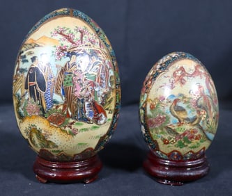 Two Vintage Japanese Hand painted Royal Satsuma Egg with Stand