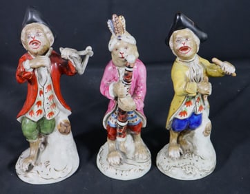 Three Porcelain monkey musicians After the Meissen models, hand painted
