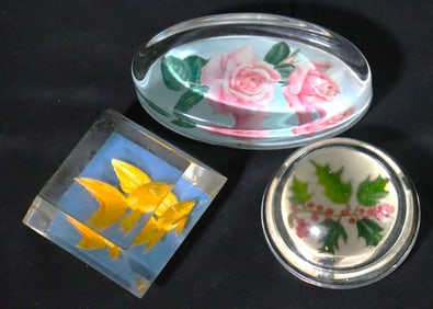 Three Vintage Glass Paperweight, one Oval one round and one square