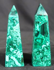 Pair of Polished Natural Malachite Obelisk Towers