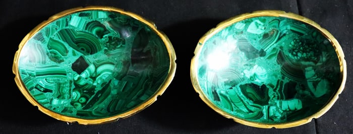 Pair of Malachite Oval Dish plates with Brass Rim