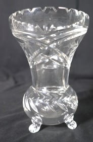 American Brilliant 3 Footed Cut Glass Vase Etched