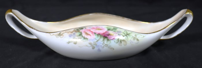 T&V Limoges France Two Handles Gondola Boat Bowl Pink Flowers with Gold trim