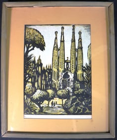 Framed Color Woodcut Print. Signed Castells Marti and titled in pencil