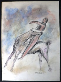 Mixed media painting on paper depicting a horseman. Signed Marino lower right.