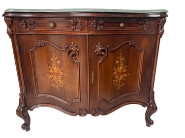 An Italian inlaid walnut dining buffet with green marble top