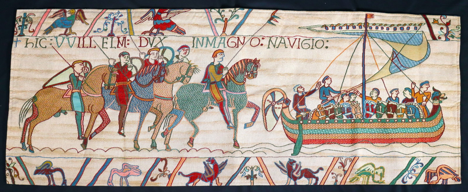 Vintage Tapestry we see a scene from the Battle of Hastings in 1066.: In this Bayeux William Navagio tapestry, we see a scene from the Battle of Hastings in 1066. Here we see the voyage of Duke William and his men to land on the shores of England in the summer DIMENSION