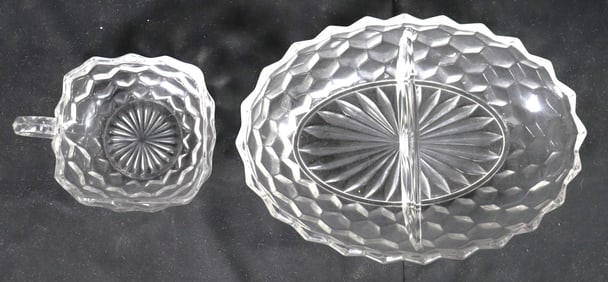 Vintage Clear Glass Divided Relish Oval Dish and Clear Glass Handled Bowl