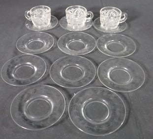 Vintage Clear Glass Eleven Saucers and Three Cups