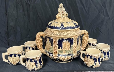 Vintage German Castle Stoneware Punchbowl Tureen Set with 6 Mugs & one lid Germany.