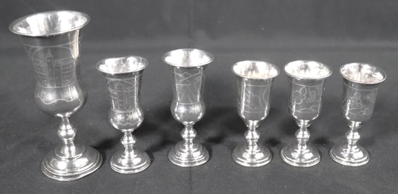 Six Silver Cup Kiddish with Hand Engraved Motifs - Maker Marked