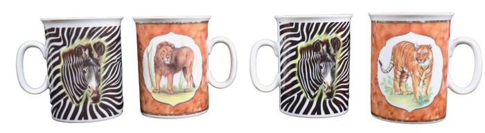 SET OF FOUR EMAIL DE LIMOGES SAFARI ANIMAL COFFEE MUGS