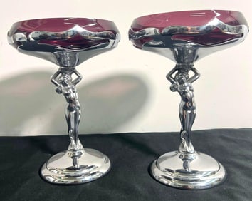 Pair of Nude Farber Chrome & Amethyst Glass Compote Art Deco style