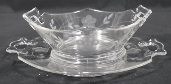Vintage bowl with plate set, Rose etched glass