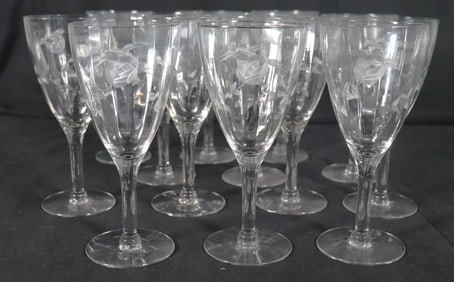 13 X Vintage Floral Crystal etched glasses