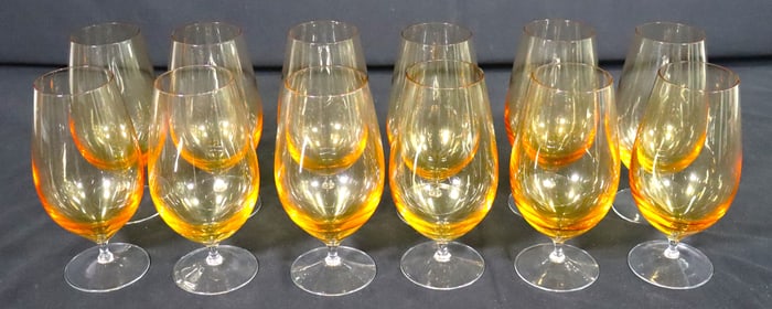 12 Vintage amber yellow crystal-clear glass water or wine glasses