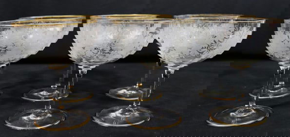 Set of Six Large Vintage sherbet Glasses etched flowers and golden rim