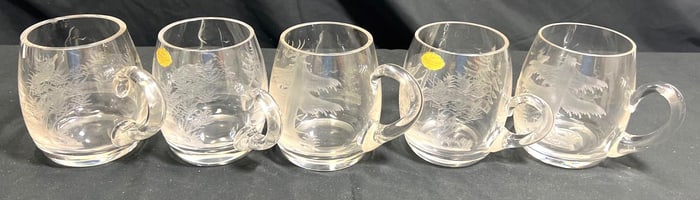 5 Vintage Crystal Beer Mug Drinking Glass Etched with Animals and Trees, hunt scene from Germany.