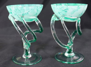 KROSNO DECO GLASS Pedestal green art glass with swirled stem from Poland