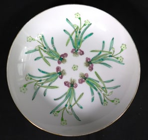 Floral plate, vintage Japanese enamelware, oriental plate green, made in Hong Kong,