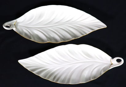 Two Vintage Lenox Ivory China Leaf Shaped Dish Green Wreath Stamp made in USA