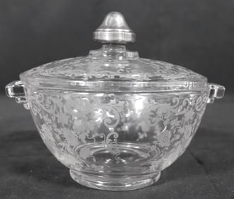 Cambridge Art Glass Chantilly Candy Jar & Lid Sterling Clad Knob Top Etched
