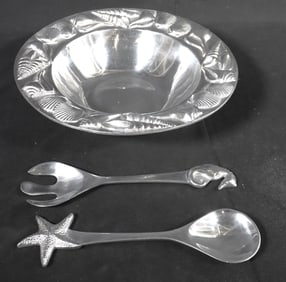 Vintage MARIPOSA BRILLANTE SALAD BOWL & SERVING UTENSILS dated 1993 made in MEXICO