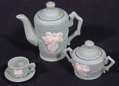 Vintage Jasperware Tea Set Sage Green Miniature