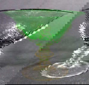 Green Glass Footed Bowl Frosted with Pattern