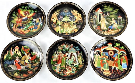 6 plates Russian Fairy Tale Scenes, Black Lacquer by PALEKH ART STUDIOS