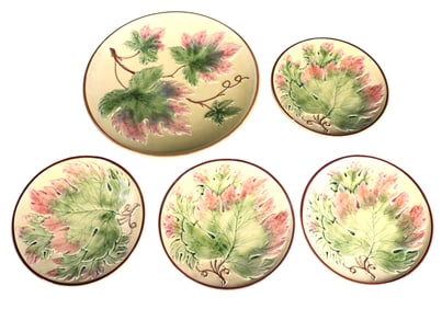Four Plates and one platter of Majolica Pottery Plates Leaf Pattern from Germany