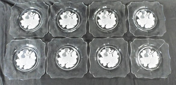 8 Westmoreland Glass Co. pressed glass dessert plates, fruits pattern