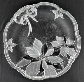 HOLIDAY Round Platter Frosted Poinsettias and Bow Stunning