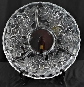 Rose frosted crystal serving tray with three dividers, 14" round