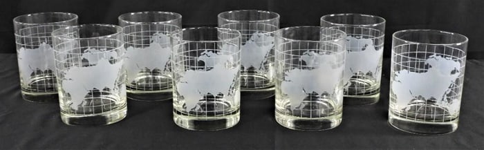 VINTAGE NESTLE NESCAFE ETCHED CLEAR GLASS HEAVY WORLD GLOBE SET 8