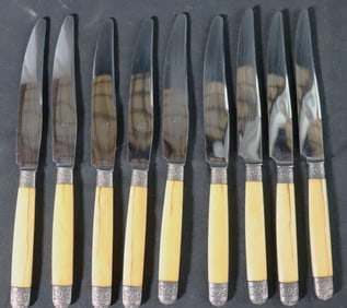 9 X knives French inox blade with JP PARIS marked and Bone and sterling silver Handle