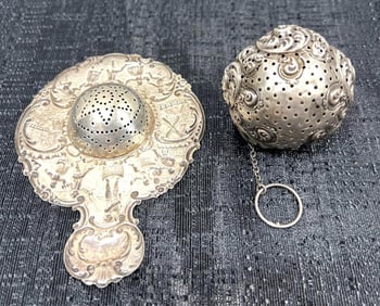 One Silver Tea Strainer and One sterling silver tea ball