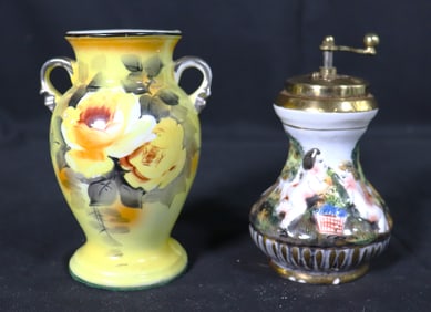 Vintage Hand Painted Yellow Floral Vase Double Handle Japan and one Italian Capodimonte Porcelain
