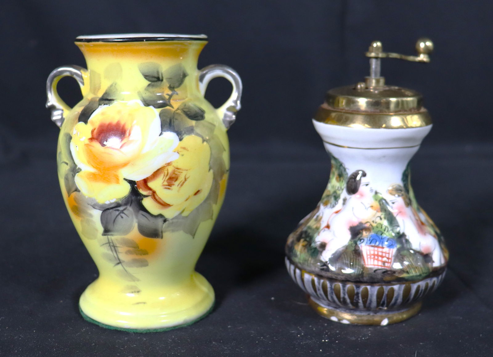 Vintage Hand Painted Yellow Floral Vase Double Handle Japan and one Italian Capodimonte Porcelain: Vintage Hand Painted Yellow Floral Vase Double Handle Japan and one Italian Capodimonte Porcelain Pepper Mill Cherub Design DIMENSIONS Vase: Height: 5.10 inch / 13 cmDIMENSIONS Pepper Mill: Heigh