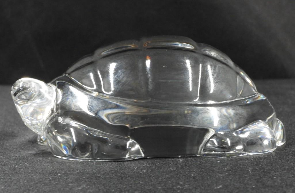 Baccarat a clear glass Turtle figure: Baccarat clear glass figure signed with acid stamp. DIMENSIONS: Height: 1 3/4 inches / Length: 4 inches