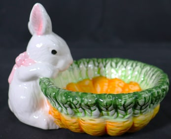 Hand Painted Ceramic Candy Dish with A Bunny Rabbit Holding on To the Side from Cottontale