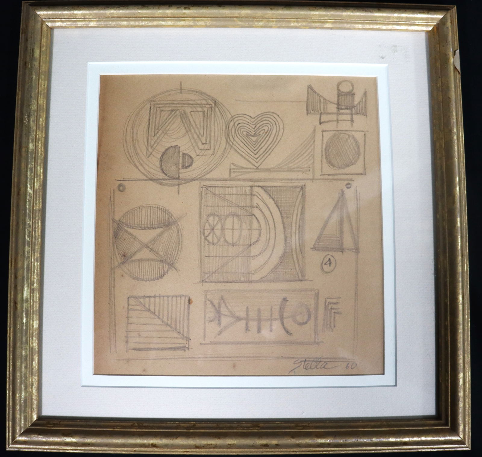 Framed Charcoal on paper signed STELLA and dated 60: Framed Charcoal on paper signed STELLA and dated 60 Frank Stella (1936 - 2024 American) We do not have a COA for this piece and is therefore being sold in the manner of Frank Stella