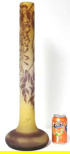 Authentic Large Emile Galle Vase: Authentic Emile Galle Vase A Galle cameo glass tall stick neck Clematis vase. Signed Galle in cameo. French Art-Deco Cameo Glass. Galle' Tulip Vase:Dimensions H 23.1/2 in. x Dm 8.1/4 in. H 60 cm x